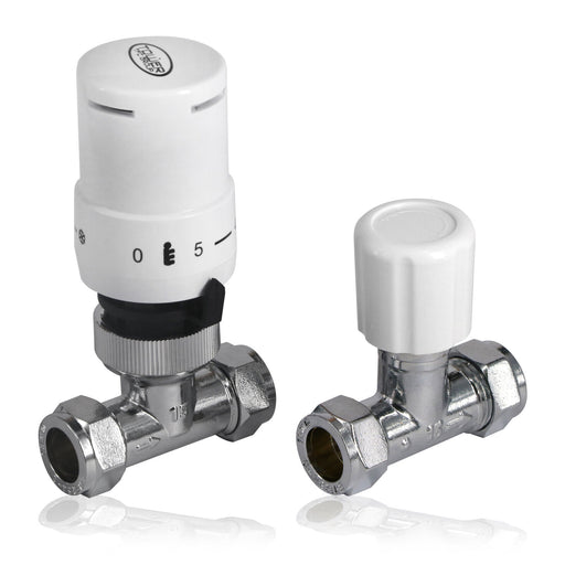 TRV Thermostatic Radiator Valve White Straight Lockshield Head TOWER 10-15mm
