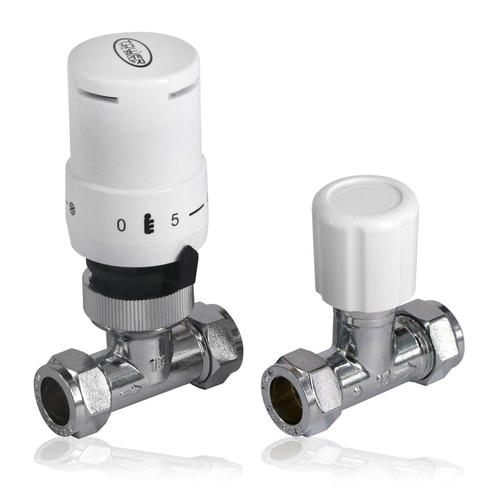 TRV Thermostatic Radiator Valve White Straight Lockshield Head TOWER 10-15mm