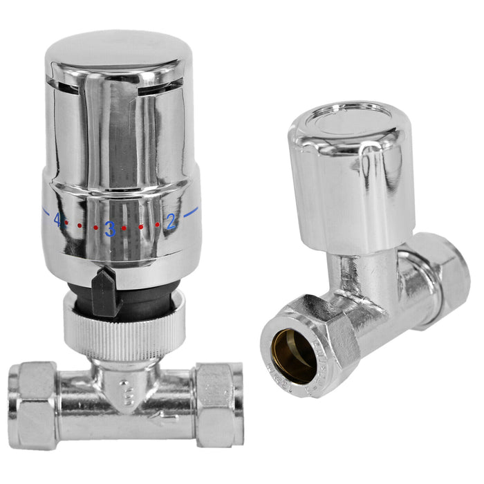 TOWER Thermostatic Radiator Valve Straight TRV Rad Lockshield Chrome Valves Set