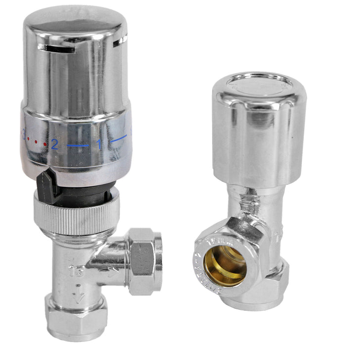TOWER Thermostatic Radiator Valve Angled TRV Rad Lockshield Chrome Valves Set
