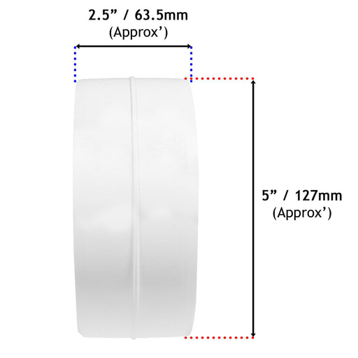 Diameter: 5" / 127mm -- Width: 2.5" / 63.5mm