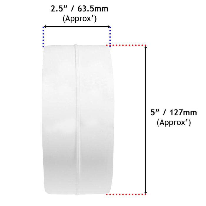 Diameter: 5" / 127mm -- Width: 2.5" / 63.5mm