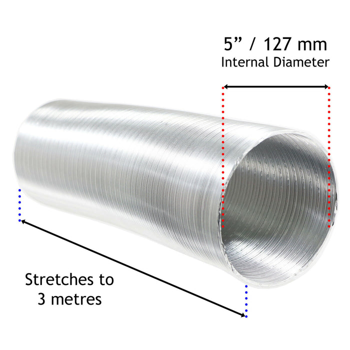 Semi Rigid Aluminium Hose Duct Flexible Exhaust Pipe (5" / 127mm x 3m)