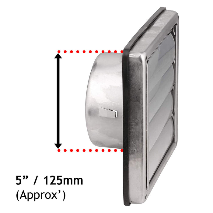 Stainless Steel Square External Extractor Wall Vent Outlet with Gravity Flaps (5" / 125mm)