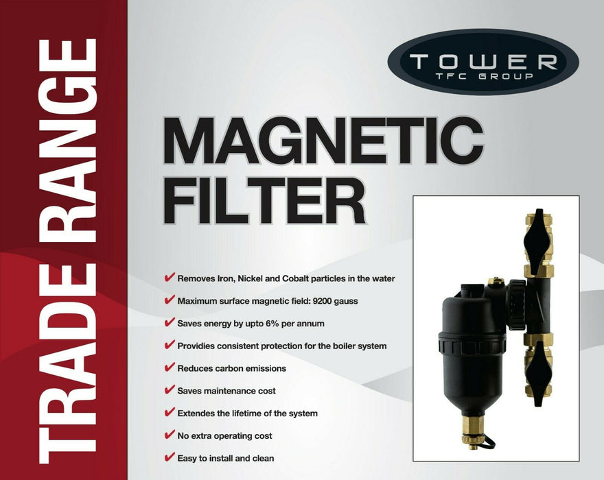 Tower 22mm Magentic Boiler Filter Inline Central Heating Brass Threaded Pipe Energy Saving Kit
